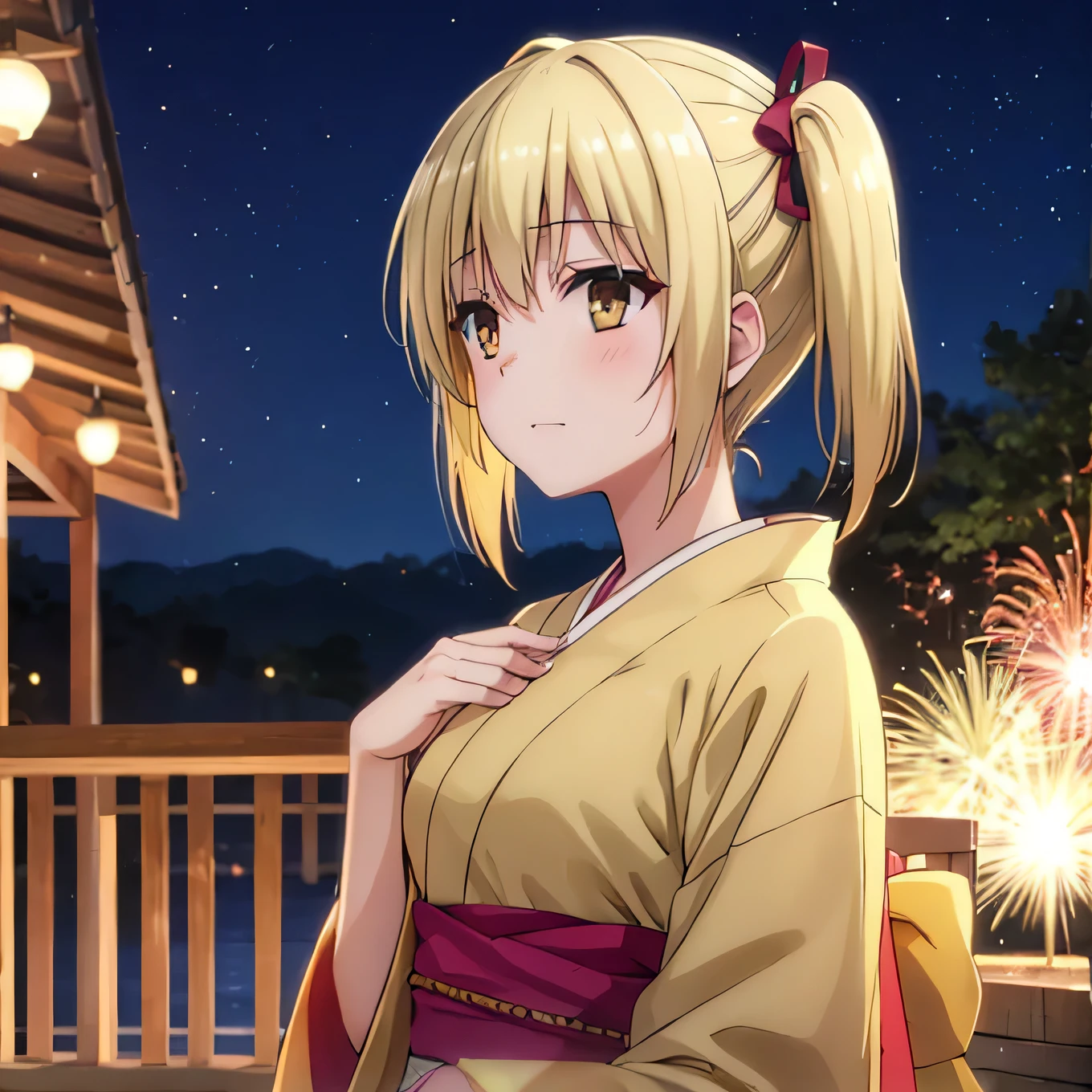 Kyoko kimono in the night firework ,Blonde hair , yellowish eyes, pig tailed haired