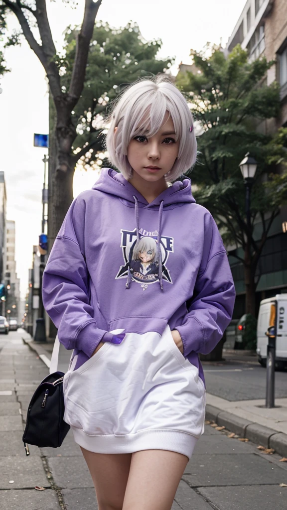 anime girl, short white hair, purple eyes, hoodie, pc, serpentine, vtuber, Street style
