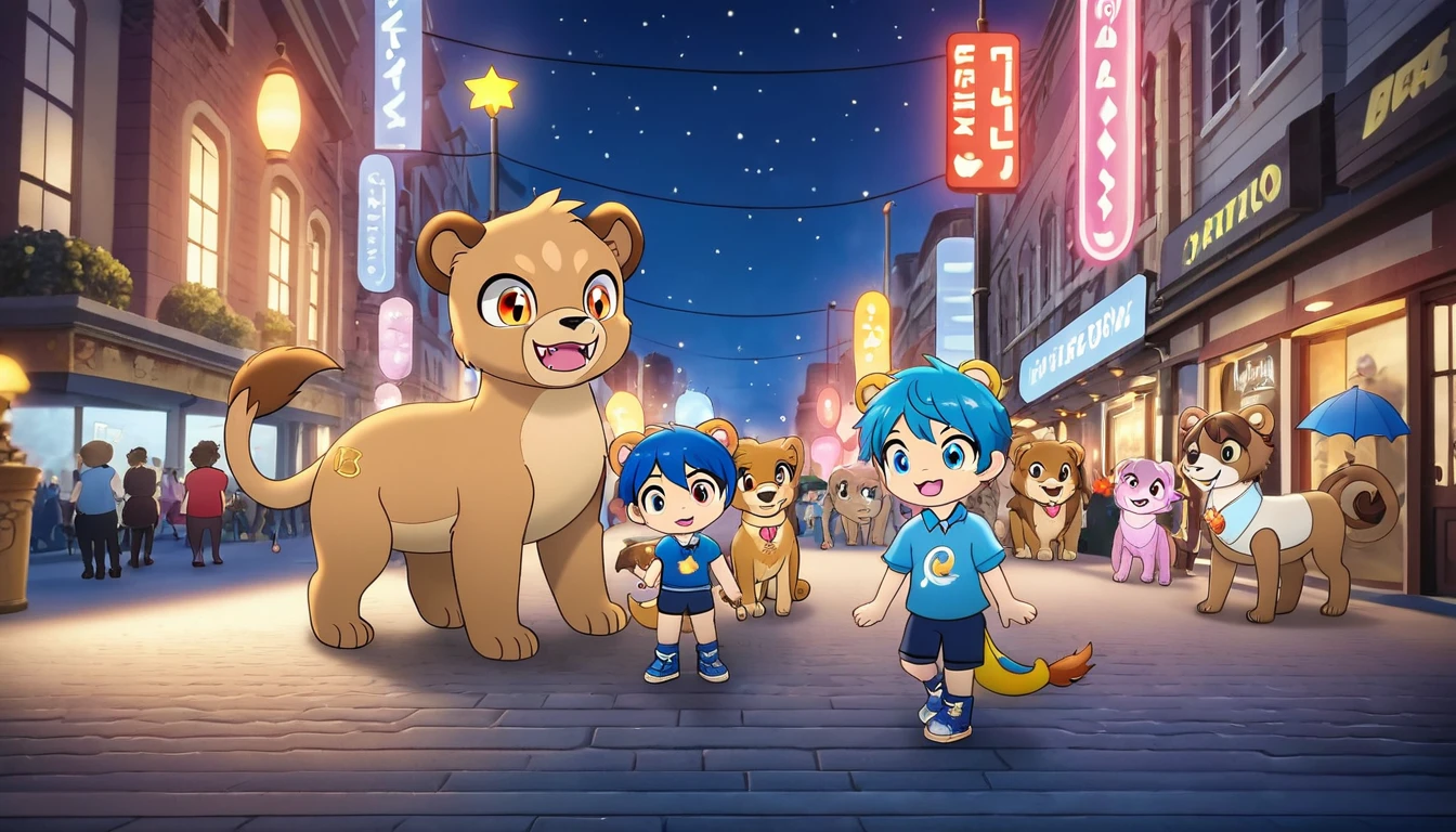 Masterpieces,official art,furry,feral,shota,pale brown dog mixed lion,Sweet face,blue left eye, orange right eye, blue hair, street, depth of field, perfect lighting, light particles,(best quality),(masterpiece),(ultra detailed),sharp focus,light particle, dragon tail, bear ears, fangs, stars background