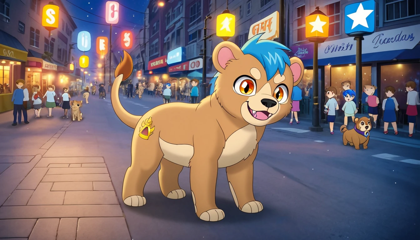 Masterpieces,official art,furry,feral,shota,pale brown dog mixed lion,Sweet face,blue left eye, orange right eye, blue hair, street, depth of field, perfect lighting, light particles,(best quality),(masterpiece),(ultra detailed),sharp focus,light particle, dragon tail, bear ears, fangs, stars background