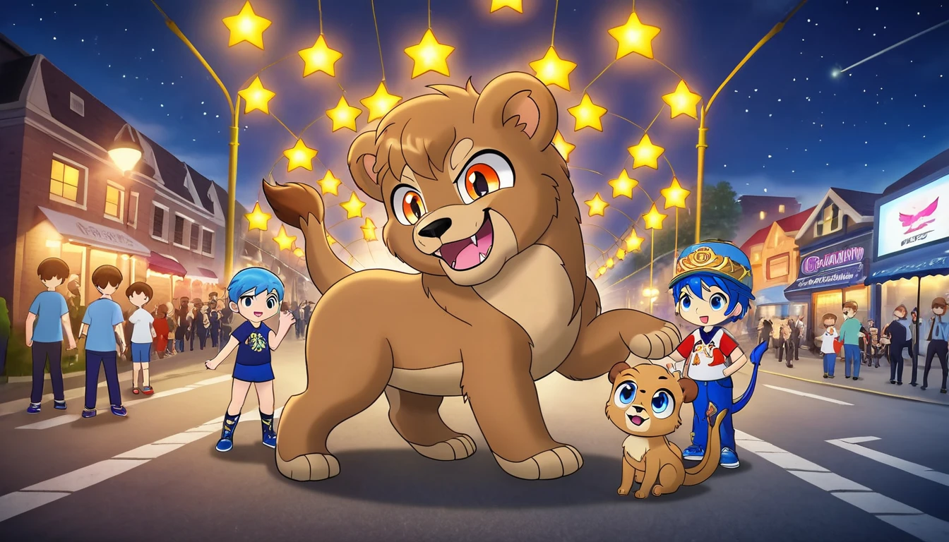 Masterpieces,official art,furry,feral,shota,pale brown dog mixed lion,Sweet face,blue left eye, orange right eye, blue hair, street, depth of field, perfect lighting, light particles,(best quality),(masterpiece),(ultra detailed),sharp focus,light particle, dragon tail, bear ears, fangs, stars background