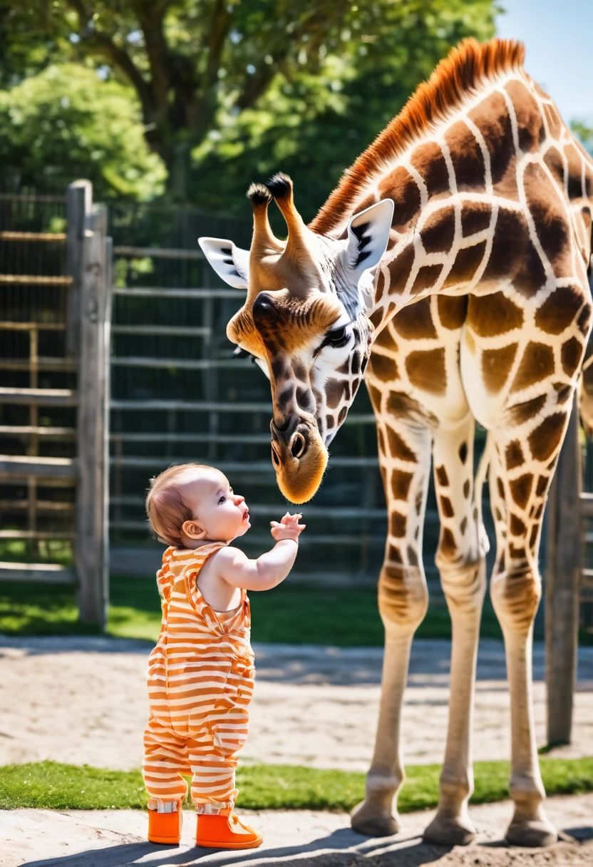 This photo realistically depicts a scene of a small baby wearing giraffe-patterned overalls and bright orange shoes standing in front of a fence. A large giraffe leans over the fence and holds the baby's head in his mouth, while the baby looks up with a happy expression. The setting is a zoo or wildlife park on a sunny day, with clear blue skies and grassy areas.