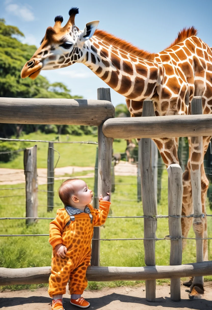 This photo realistically depicts a scene of a small baby wearing giraffe-patterned overalls and bright orange shoes standing in front of a fence. A large giraffe leans over the fence and holds the baby's head in his mouth, while the baby looks up with a happy expression. The setting is a zoo or wildlife park on a sunny day, with clear blue skies and grassy areas.