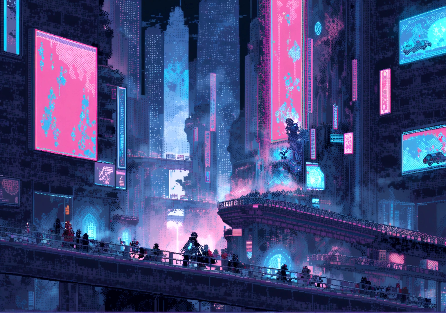 Elements: A pixel art character running through a pixel art cyberpunk city. Sky-high buildings, moving holograms and flying cars make up the scene. The character is accompanied by a pixel art robot that moves to the music.

• Colors: Dark shades of blue and purple with points of red, green and blue neon light.