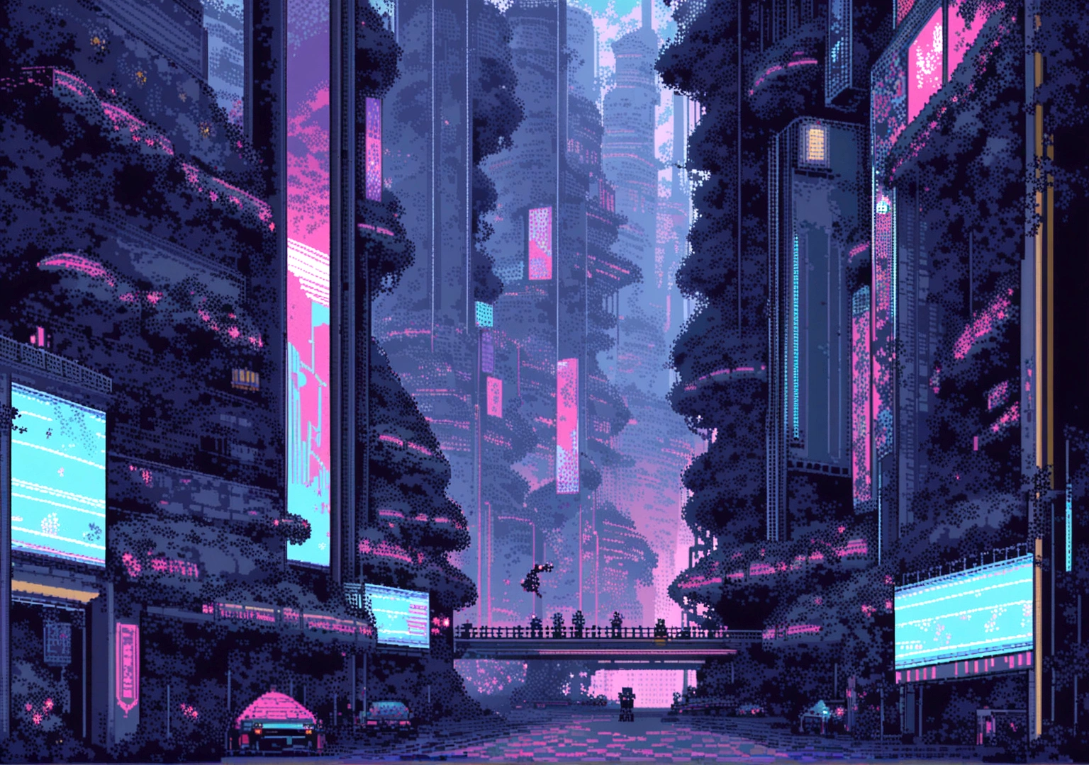 Elements: A pixel art character running through a pixel art cyberpunk city. Sky-high buildings, moving holograms and flying cars make up the scene. The character is accompanied by a pixel art robot that moves to the music.

• Colors: Dark shades of blue and purple with points of red, green and blue neon light.