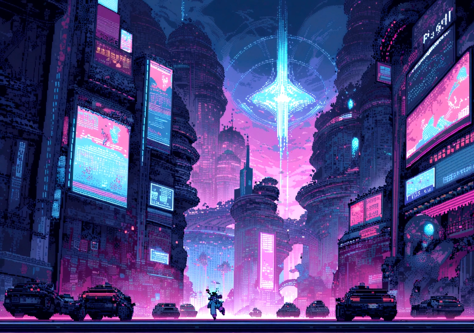 Elements: A pixel art character running through a pixel art cyberpunk city. Sky-high buildings, moving holograms and flying cars make up the scene. The character is accompanied by a pixel art robot that moves to the music.

• Colors: Dark shades of blue and purple with points of red, green and blue neon light.