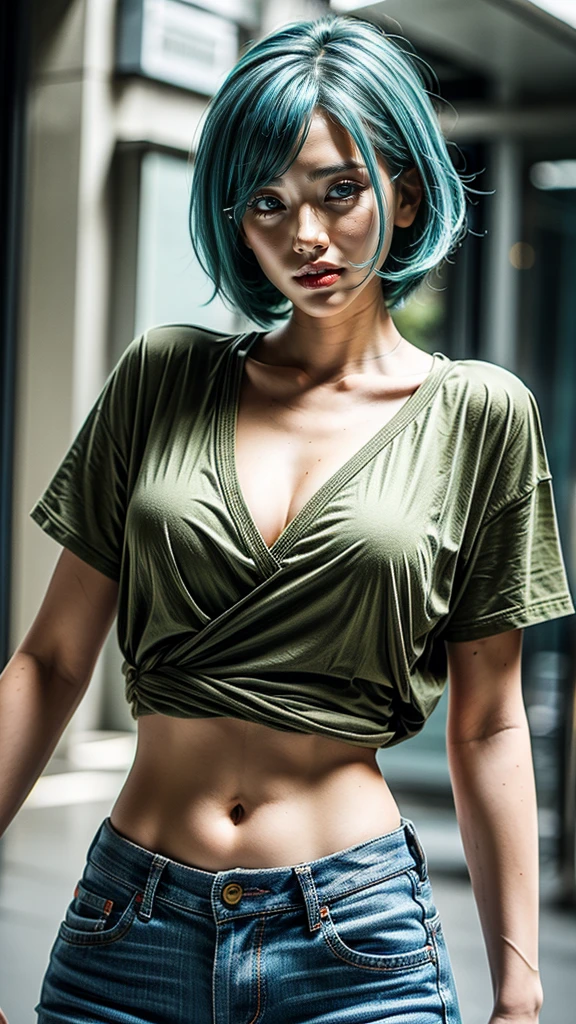 masterpiece, Highest quality, One girl, alone, 23 years old, Adult, Turquoise Hair, Messy Hair, Asymmetrical Hair, Ahoge, Very short hair, Aqua Eye, Medium chest, Toned Up, 167cm, Pale skin, Glasses, Grin, Olive green shirt, jeans, Abdominal Peek,