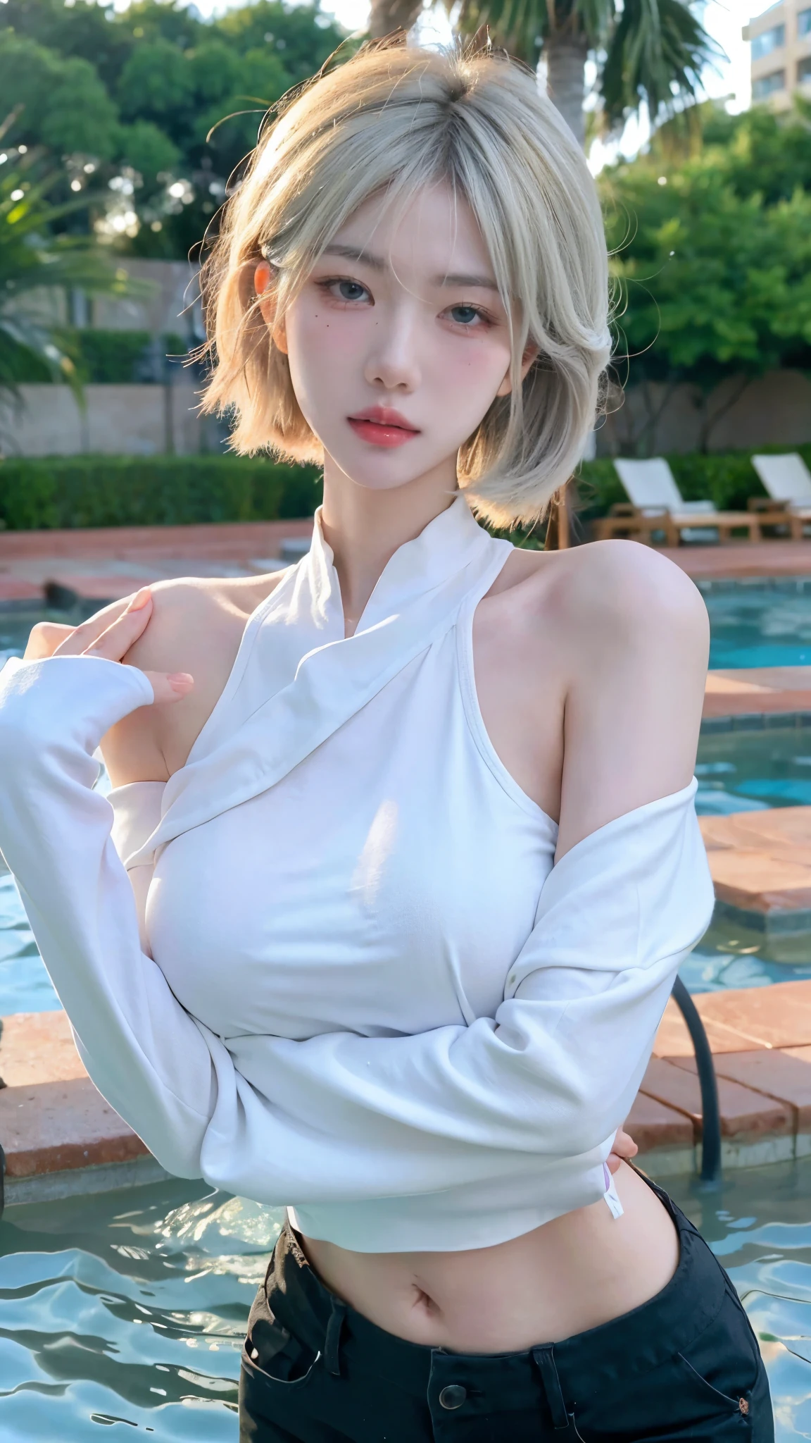 Beautiful woman with perfect figure:1.4，Swimming background，Desert Background，Ultra-high resolution，Seductive laughter，wear glasses，White legs，（lifelike：1.4），Layered Hairstyle，White skin，Black mini pleated skirt，whole body，Very delicate face and skin texture，Double eyelids，Skin Whitening，Long hair，White hair，White，