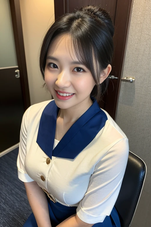 (A beautiful Japanese office lady, age 28, wearing formal White shirt with buttons & grey mini-skirt, standing under midnight sky, thoughtful expressions, kind smile, dimpled chins, cute snaggle-tooth, short bob hair ponytail, symmetrical face, realistic detailed face, beautiful detailed eyes, perfect body proportions, ample round bosoms, photorealistic, hyper-realism, high contrast, ultra HD, realistic skin textures, top image quality, top-quality, super high resolution, fine details, very meticulously, masterpiece, head to knees, High Angle Shot, bokeh background)