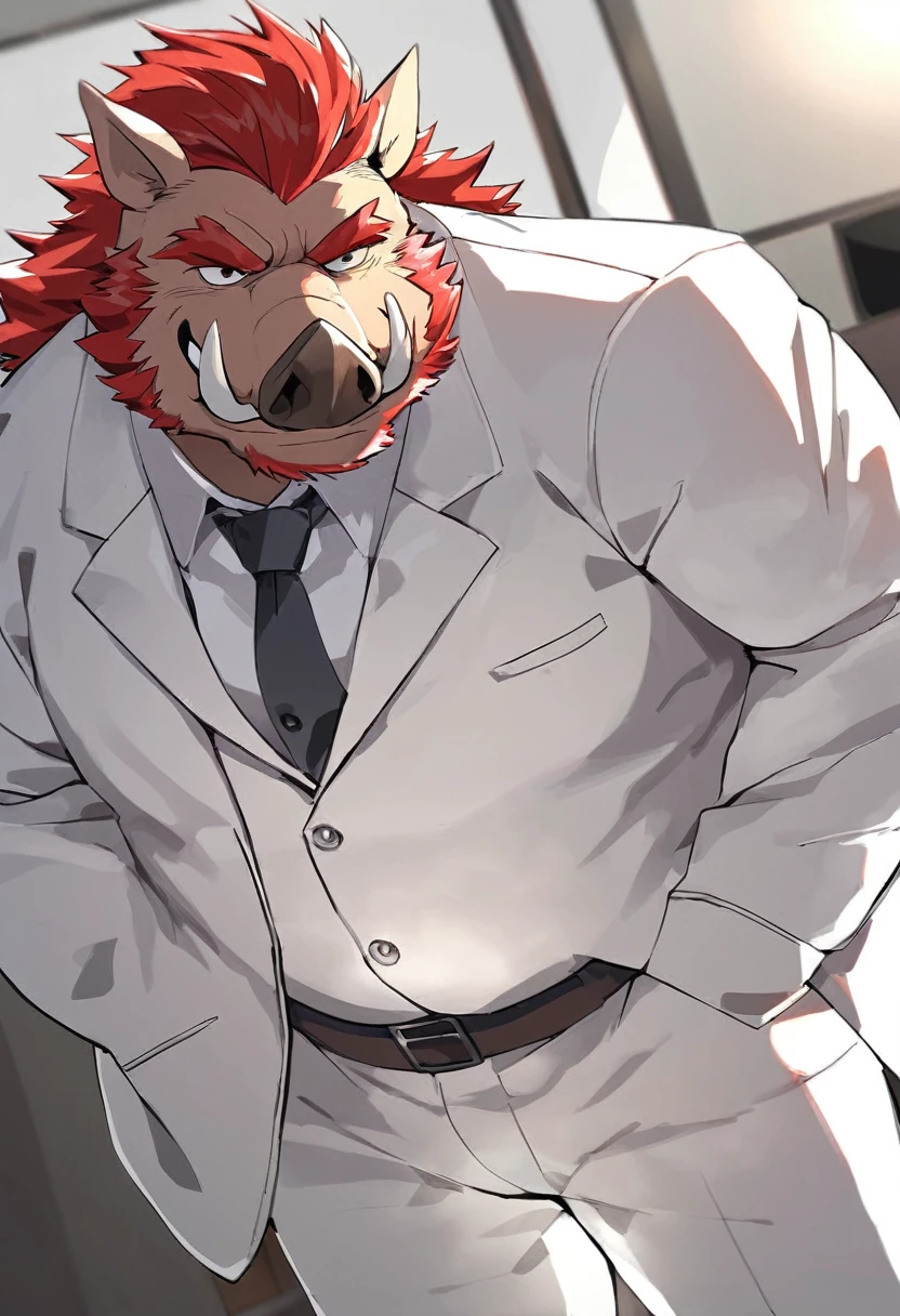 Wild Boar,personification,Mature male,Bad Uncle,Smirk,Powerful body,Black pupil,Red eyebrows,Red hair,White suit suit,Hands in pockets,The Age of Steam,office。