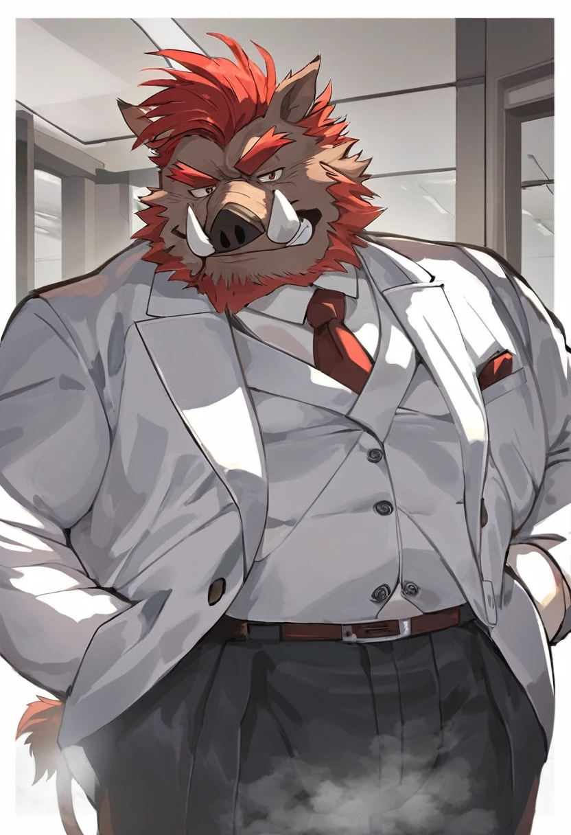 Wild Boar，personification，Mature male，Bad Uncle，Smirk，Powerful body，Black pupil，Red eyebrows，Red hair，White suit suit，Hands in pockets，The Age of Steam，office。