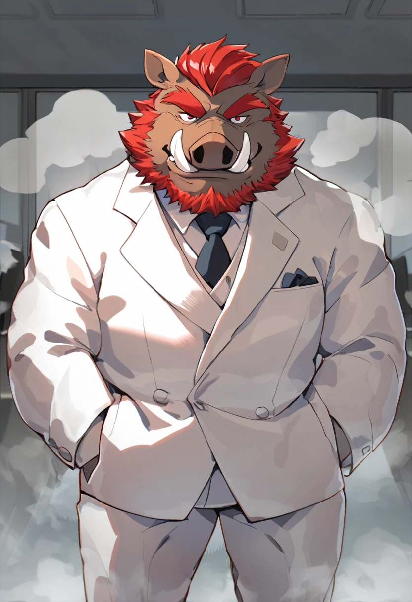 Wild Boar,personification,Mature male,Bad Uncle,Smirk,Powerful body,Black pupil,Red eyebrows,Red hair,White suit suit,Hands in pockets,The Age of Steam,office。