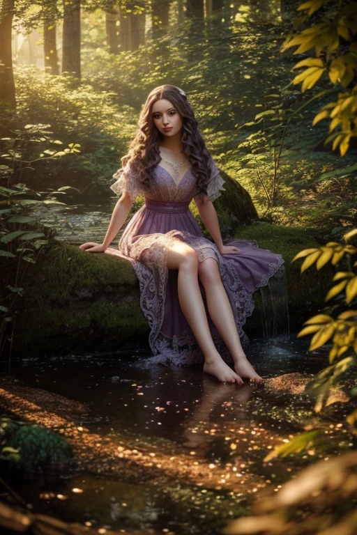 a beautiful young girl with long curly violet hair flowing below her waist, wearing a detailed lilac dress, intricate lace patterns, porcelain doll-like face, large expressive eyes, delicate features, sitting in a serene natural environment, sunlight filtering through leaves, (best quality,4k,8k,highres,masterpiece:1.2),ultra-detailed,(realistic,photorealistic,photo-realistic:1.37),detailed environment, cinematic lighting, warm color tones, magical atmosphere, fantasy, highly detailed