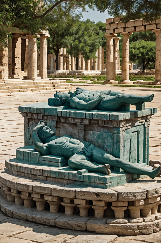 Sculpture replica of the god Chac Mool, lying on a pedestal, placed in the center of a Greek agora