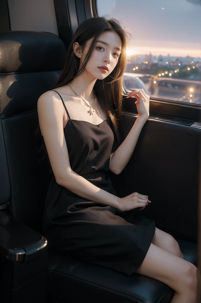 (((best quality))),(((ultra detailed))),(((masterpiece))),illustration,((1 beautiful girl,solo)),((slim,thin,small breasts,flat chest)),((shoulder length straight hair)),stunning female aviation passenger,In the aircraft cabin,nighttime flight,soaring high in the sky,serene beauty,elegance,dark colors,maxi dress,gracefully flowing,delicate necklace,sparkling pendant,soft lighting,anticipation,window seat,twinkling stars,moonlit sky,tastefully decorated aircraft interior,comfortable seats,warm ambiance,entertainment options,relaxation,tranquility,serene expression,peaceful atmosphere,contrast between darkness and warmth,captivating ambiance,magical moment,essence of summer,allure of the night,enchantment of air travel