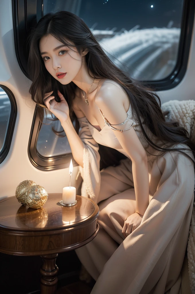 (((best quality))),(((ultra detailed))),(((masterpiece))),illustration,((1 beautiful girl,solo)),((slim,thin,small breasts,flat chest)),((shoulder length straight hair)),stunning female aviation passenger,In the aircraft cabin,nighttime flight,soaring high in the sky,serene beauty,elegance,dark colors,maxi dress,gracefully flowing,delicate necklace,sparkling pendant,soft lighting,anticipation,window seat,twinkling stars,moonlit sky,tastefully decorated aircraft interior,comfortable seats,warm ambiance,entertainment options,relaxation,tranquility,serene expression,peaceful atmosphere,contrast between darkness and warmth,captivating ambiance,magical moment,essence of summer,allure of the night,enchantment of air travel