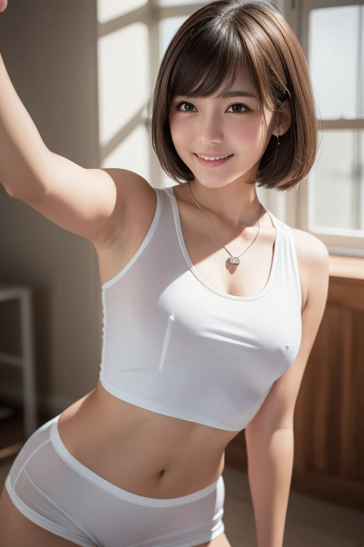 girl, White skin, Dark brown short tiered hair, V cut with layers and bangs, Brown eyes, Soft atmosphere characteristics (Highest quality, Ultra-high resolution, 8K, RAW Photos, Ultra-high resolution: 1.2, masterpiece: 1.3), (Realistic, Realistic: 1.37), Very detailed, Professional Lighting, Photon Mapping, Radio City, Physically Based Rendering, One Girl, high school girl, Sharp focus:1.2、Beautiful woman:1.4,cute, Nice, Adorable, smile, Normal chest, ((Sprinting outfit)),indoor,necklace,Selfie