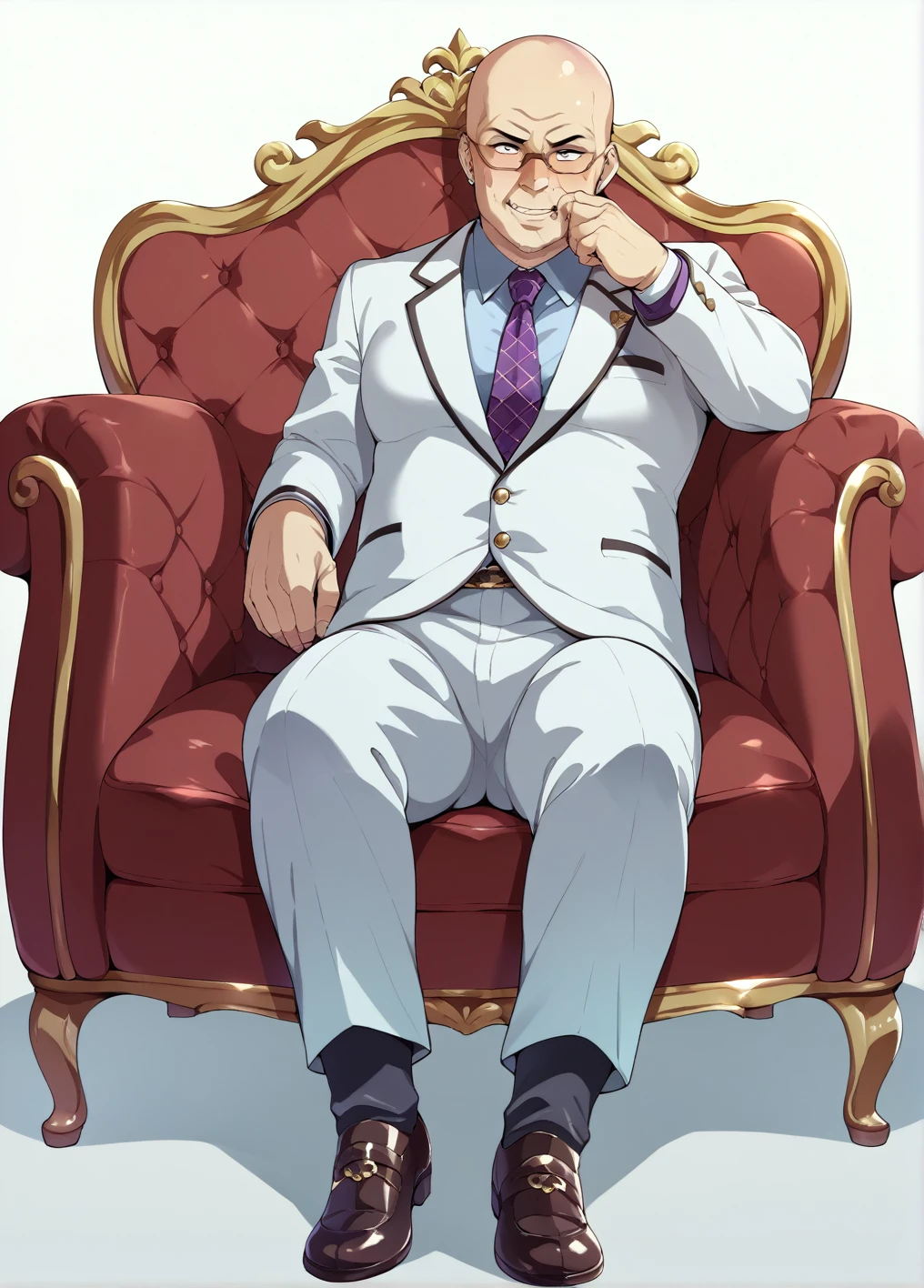 Ultra-detailed illustrations、Ultra-precise expression、masterpiece、Highest quality、ultra High resolution、High resolution、Hiromitsu Takeda Style、White background、Simple Background、sit、whole body、White Suit、One fat old man、Bald Head、No Face、solo、Vulgar expression、Leather shoes、Luxurious sofa、Mokkori crotch、