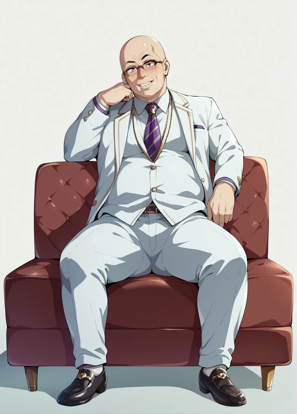 Ultra-detailed illustrations、Ultra-precise expression、masterpiece、Highest quality、ultra High resolution、High resolution、Hiromitsu Takeda Style、White background、Simple Background、sit、whole body、White Suit、One fat old man、Bald Head、No Face、solo、Vulgar expression、Leather shoes、Luxurious sofa、Mokkori crotch、