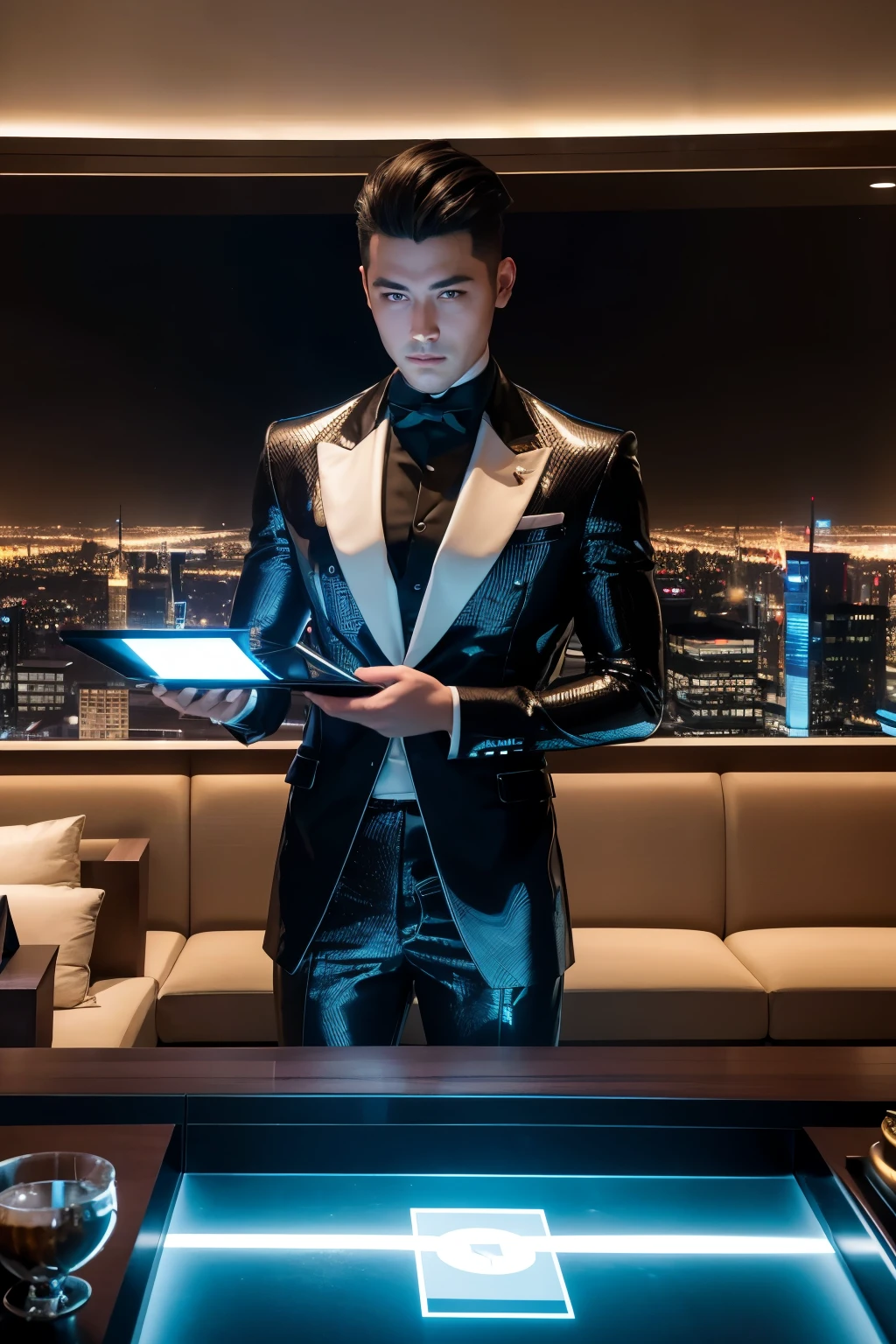 In a luxury hotel suite with panoramic views of the skyscrapers of NeoTokyo 5, you are relaxing after a day of trading. Your futuristic outfit is a combination of elegance and functionality, with holographic details that move smoothly as you move. An android waiter serves you an exotic drink while you review reports on a tablet.