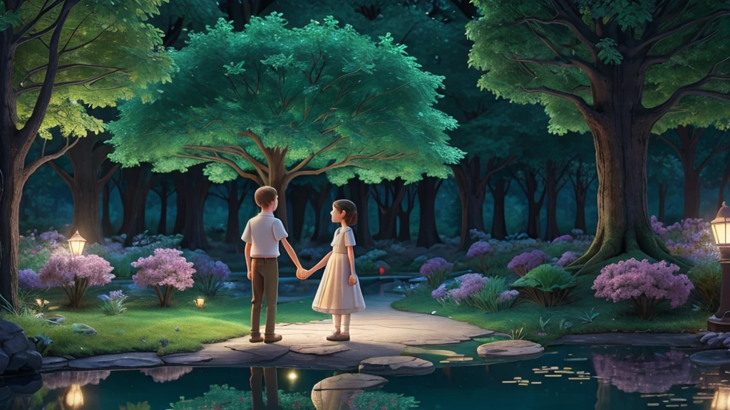 Lucas and Clara, holding hands, approaching the glowing tree in the center of the underground pond. They look in wonder, while the tree emits an enchanting light, reflected in the crystal clear waters around."