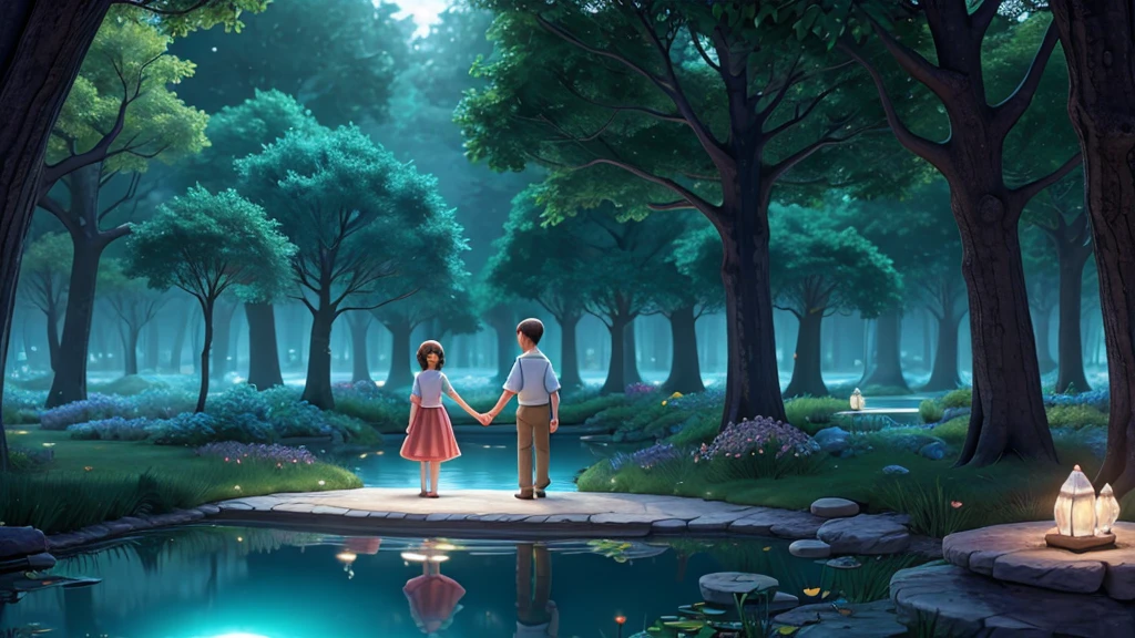 Lucas and Clara, holding hands, approaching the glowing tree in the center of the underground pond. They look in wonder, while the tree emits an enchanting light, reflected in the crystal clear waters around."