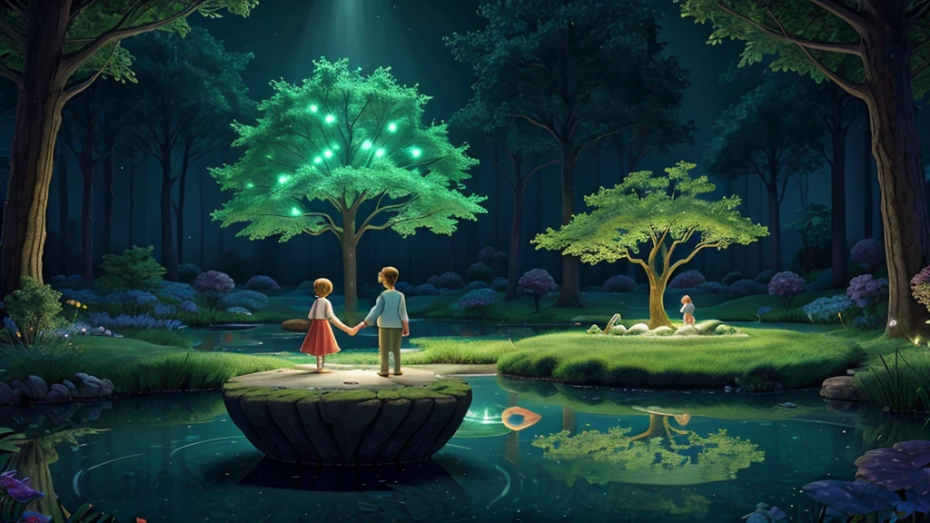 Lucas and Clara, holding hands, approaching the glowing tree in the center of the underground pond. They look in wonder, while the tree emits an enchanting light, reflected in the crystal clear waters around."