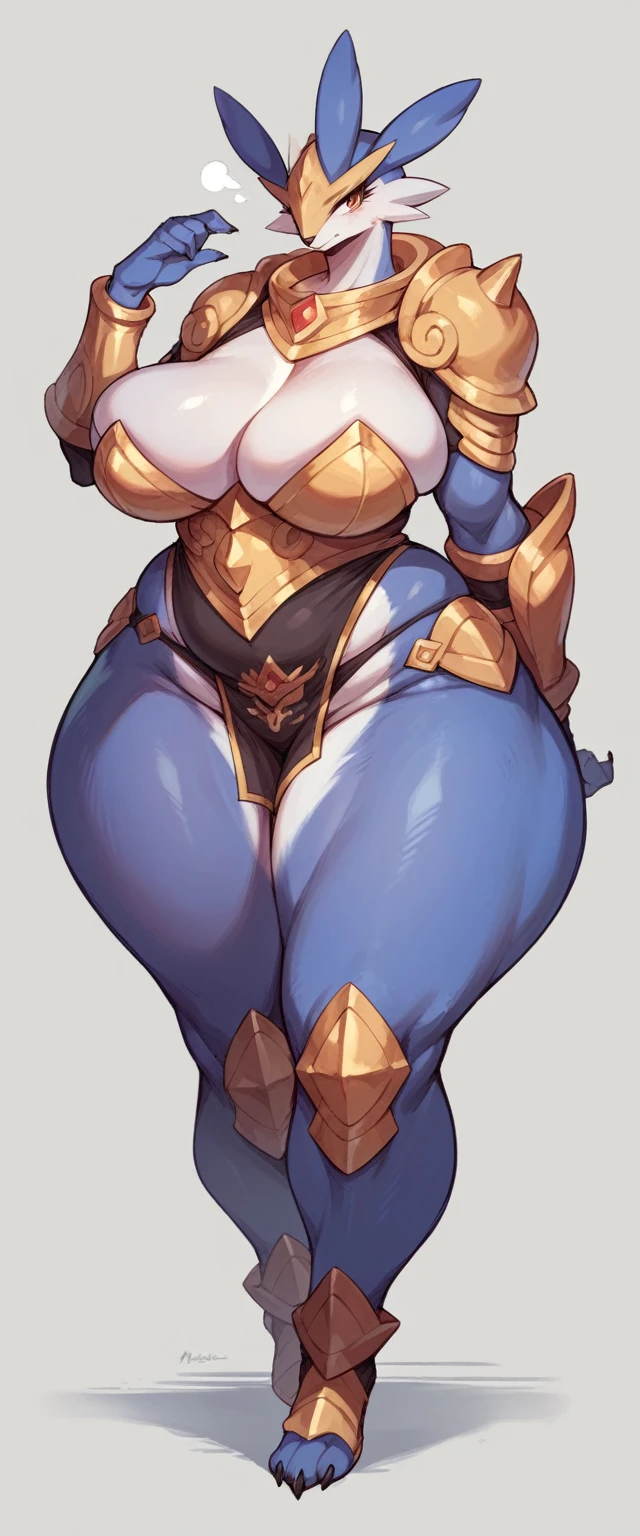 Furry character with ultra large breasts, full body, wide hips, milf woman, very big fat body, fantasy, breasts the size of her body, pokemon character, yellow and purple in fantasy armour 