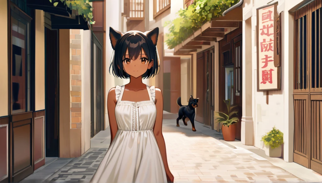 ((Anime Infinite Stratus Art, 8k, ultra full high definition, epic quality, epic texture)). The theme is a walk in the square. It's daytime. The setting is a small square, very detailed, with some playground toys, some children playing around. The focus of the scenario is a girl, she is 10 years old, very short stature, she has black Pinscher ears(long:1.9), black hair(short:1.9), black Pinscher tail, bright brown eyes, tanned skin, thin, slightly toned, narrow chest, flat breasts , thin waist, narrow hips, she is wearing a beautiful white summer dress, she is tsundere, she walking in the square. The atmosphere is fun, funny and romantic.
