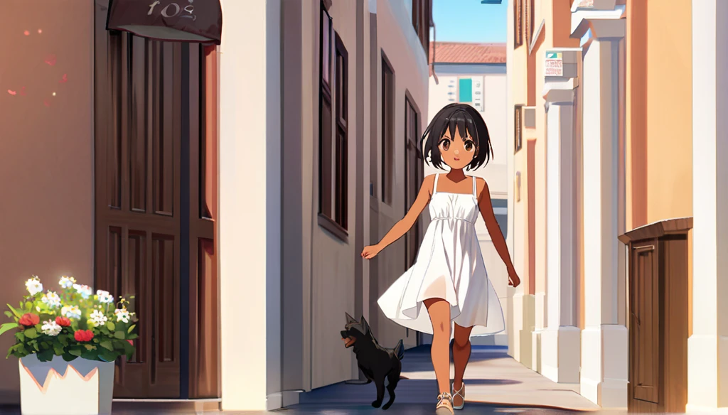 ((Anime Infinite Stratus Art, 8k, ultra full high definition, epic quality, epic texture)). The theme is a walk in the square.  It's daytime.  The setting is a small square, very detailed, with some playground toys, some children playing around.  The focus of the scenario is a girl, she is 10 years old, very short stature, she has black Pinscher ears(long:1.9), black hair(short:1.9), black Pinscher tail, bright brown eyes, tanned skin, thin, slightly toned, narrow chest, flat breasts , thin waist, narrow hips, she is wearing a beautiful white summer dress, she is tsundere, she walking in the square.  The atmosphere is fun, funny and romantic.