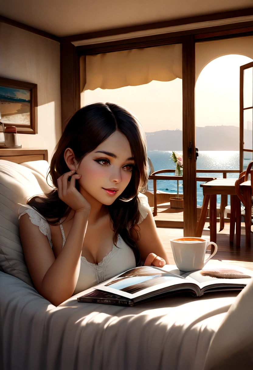 A very pretty Lebanese brunette girl relaxing in her hotel room at a Lebanese beach resort, while reading an art magazine and drinking tea. The room has natural lighting, vivid but natural colors, and a realistic background with a view of the sea. The image should have a 4K resolution, realistic and highly detailed face, lifelike skin texture, sharp eyes, and well-defined features. The photo should be nearly DSLR quality, with no noise, blurs, or imperfections, and should capture the scene with high clarity and pristine resolution. The girl has a natural expression and is enjoying her time in the cozy and stylish room.