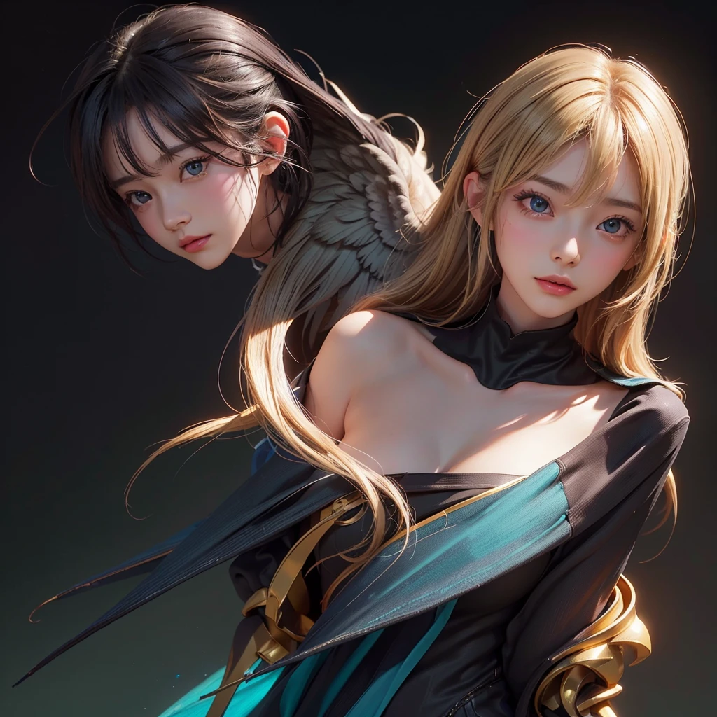 Polychrome,, night, dark, blonde, Show Viewer, In-person audience, Limited Edition Palette, Black background, Shine,(Highly detailed CG Unity 8k wallpaper),(masterpiece), (Highest quality), (Vaporwave Style), (Super detailed), (Best illustrations),(Best Shadow),Perfect lighting , Perfect Anatomy , Vibrant colors、fly with wings、