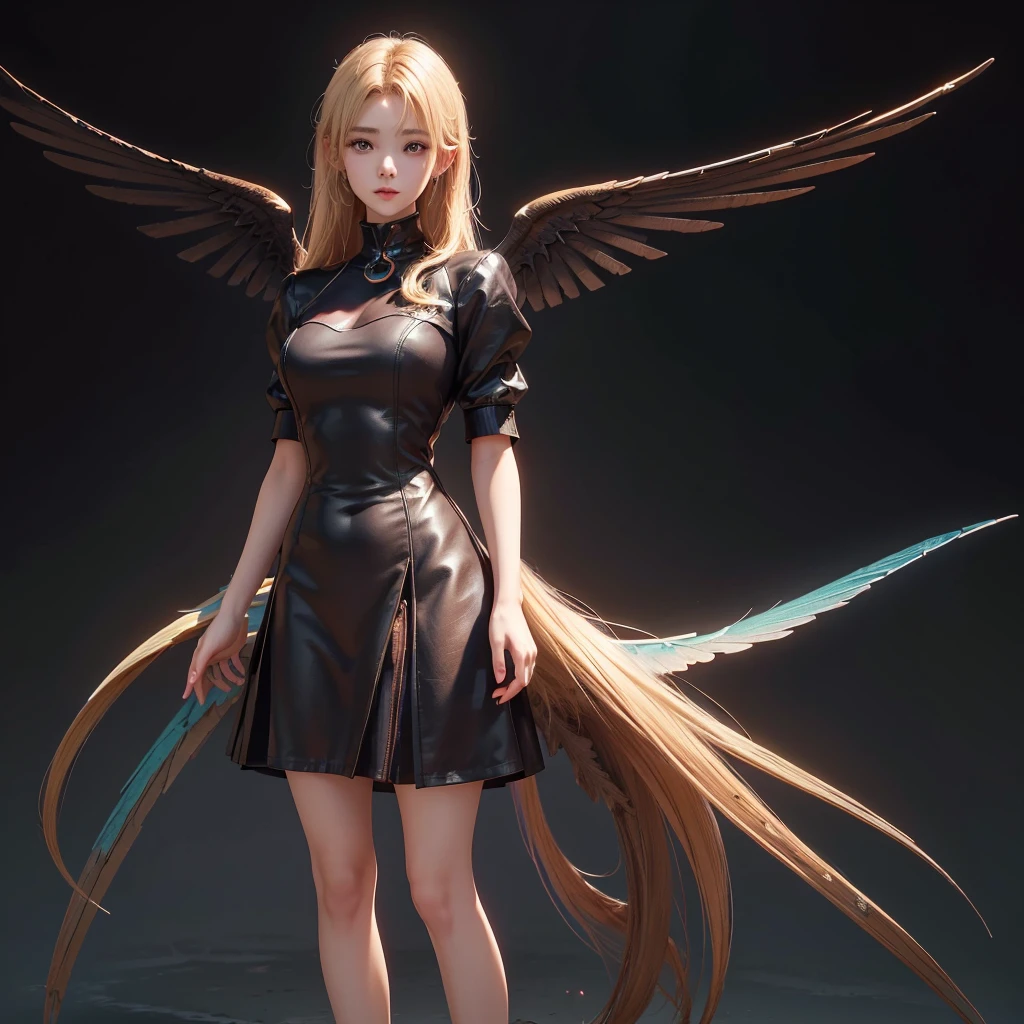 Polychrome,, night, dark, blonde, Show Viewer, In-person audience, Limited Edition Palette, Black background, Shine,(Highly detailed CG Unity 8k wallpaper),(masterpiece), (Highest quality), (Vaporwave Style), (Super detailed), (Best illustrations),(Best Shadow),Perfect lighting , Perfect Anatomy , Vibrant colors、fly with wings、