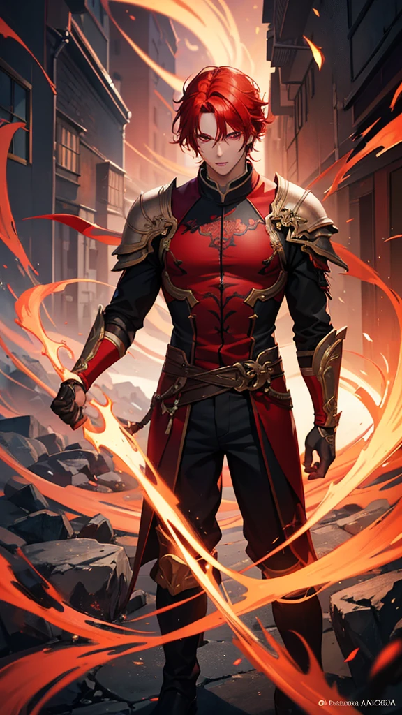 a tensura man with red hair and red eyes, full body, adult, detailed face, beautiful detailed eyes, photorealistic, 8k, high quality, digital art, concept art, hyper detailed, cinematic lighting, dramatic lighting, atmospheric, vibrant colors, fantasy