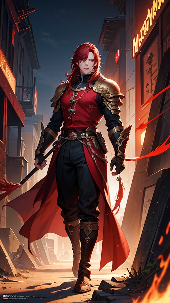 a tensura man with red hair and red eyes, full body, adult, detailed face, beautiful detailed eyes, photorealistic, 8k, high quality, digital art, concept art, hyper detailed, cinematic lighting, dramatic lighting, atmospheric, vibrant colors, fantasy