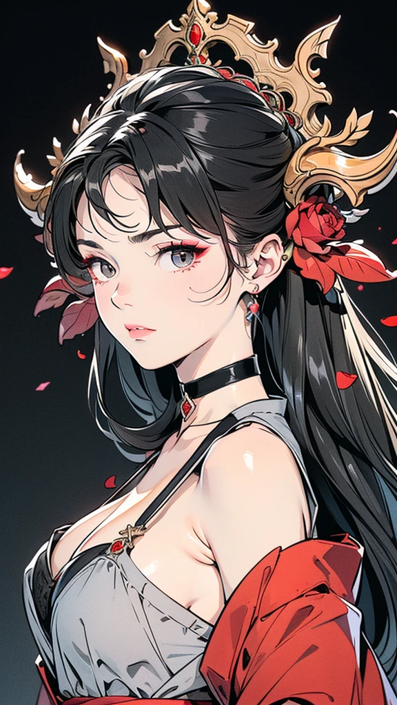 Seven Rhaeyar (Deylta), Ancient Star goddess, Perfect female anatomy (Royalty, Adult Female, 166cm in height, Cool pale skin, slim, slender, 34D breast size, Long Jet Black Hair, Gray Colored Iris , a set of Jet black colored horns on her head), Neutral facial expression, Elegant black uniform dress, female choker accessory with silver complimentary jewelry, dragon motifs, Black rope accessories, Simple Black Background, receiving light from the front, the focal point is her face, Ethereal glow, Red Rose petals falling, Japanese inspired, bring her very close up, face image, detailed features, high quality resolution, shoulder up portrait
