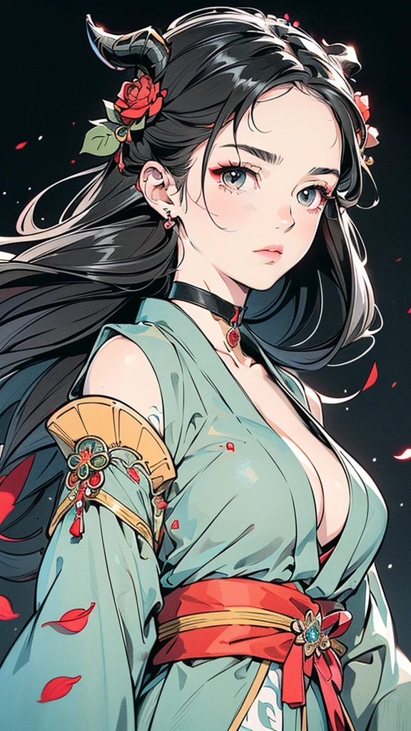Seven Rhaeyar (Deylta), Ancient Star goddess, Perfect female anatomy (Royalty, Adult Female, 166cm in height, Cool pale skin, slim, slender, 34D breast size, Long Jet Black Hair, Gray Colored Iris , a set of Jet black colored horns on her head), Neutral facial expression, Elegant black uniform dress, female choker accessory with silver complimentary jewelry, dragon motifs, Black rope accessories, Simple Black Background, receiving light from the front, the focal point is her face, Ethereal glow, Red Rose petals falling, Japanese inspired, bring her very close up, face image, detailed features, high quality resolution, shoulder up portrait