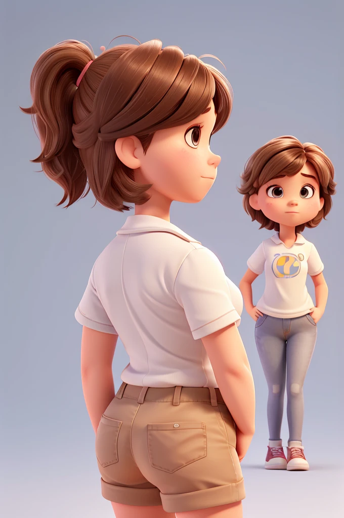 pixar style figure with white background of a girl with mullet haircut to the beginning of the back straight bangs, very short bangs and brown hair feminist woman plump body with fente whatever, straight straight bangs, and with the.shaved sides, That she is medium chubby in body but with a V jaw and that she is looking straight ahead., 30 year old feminist