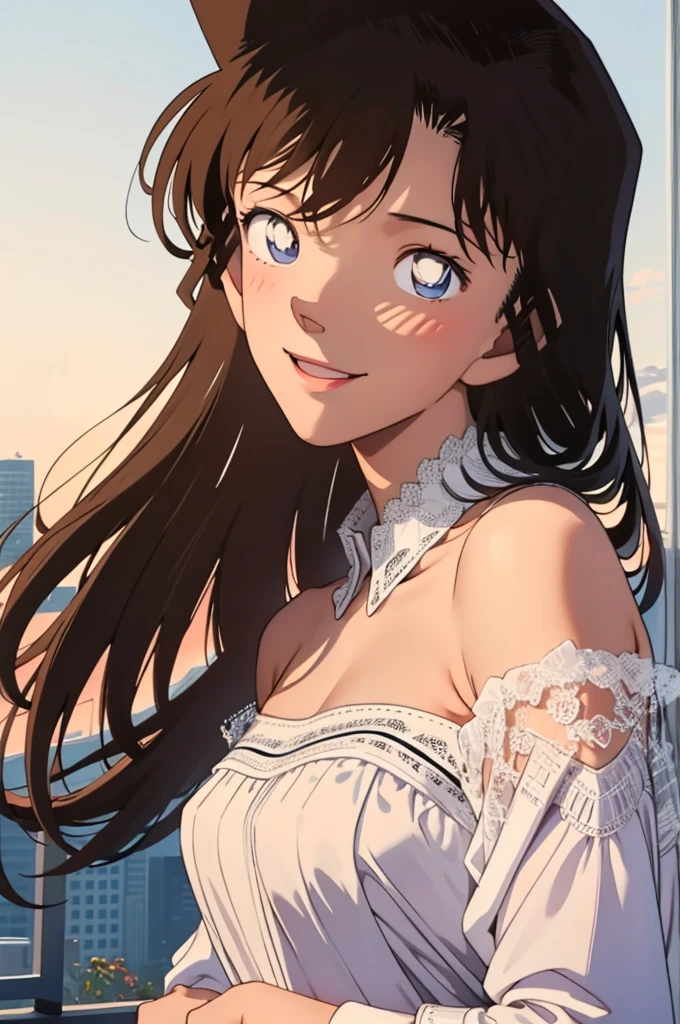 1 girl, ((masterpiece, best quality, 8k)),As you wish,Off the shoulder dress,Smile,close up,looking at camera,Face turned red,Perfect body,business attire,white collar,White shirt,Suit,split