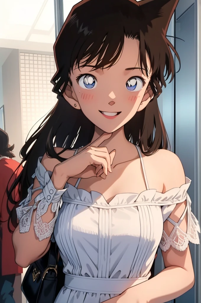 1 girl, ((masterpiece, best quality, 8k)),As you wish,Off the shoulder dress,Smile,close up,looking at camera,Face turned red,Perfect body,business attire,white collar,White shirt,Suit,split