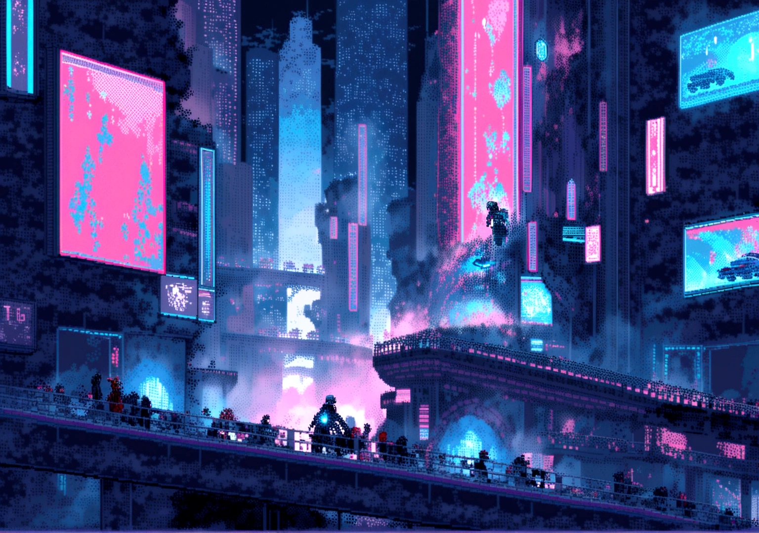 Elements: A pixel art character running through a pixel art cyberpunk city. Sky-high buildings, moving holograms and flying cars make up the scene. The character is accompanied by a pixel art robot that moves to the music.

• Colors: Dark shades of blue and purple with points of red, green and blue neon light.