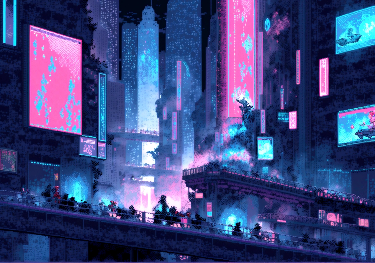 Elements: A pixel art character running through a pixel art cyberpunk city. Sky-high buildings, moving holograms and flying cars make up the scene. The character is accompanied by a pixel art robot that moves to the music.

• Colors: Dark shades of blue and purple with points of red, green and blue neon light.