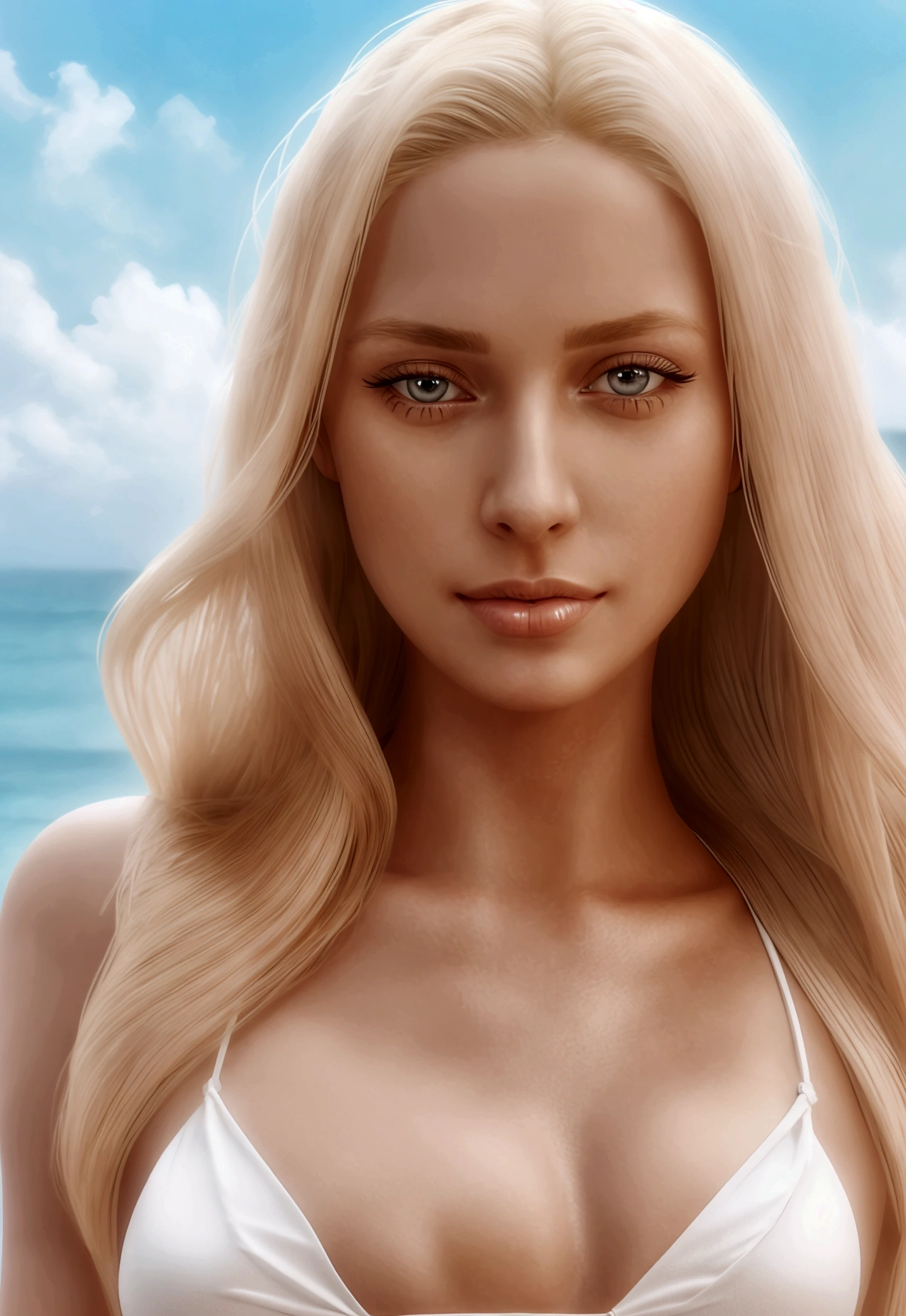 beautiful blonde woman wearing white bikini, (best quality,highres,realistic:1.37),ultra-detailed,realistic,professional, sexy,beautiful detailed eyes,beautiful detailed lips,long eyelashes,radiant skin,flowing hair, sensual expression, feminine, vivid colors, beach background, bikini, revealing, yoga pose, bright, in the ocean