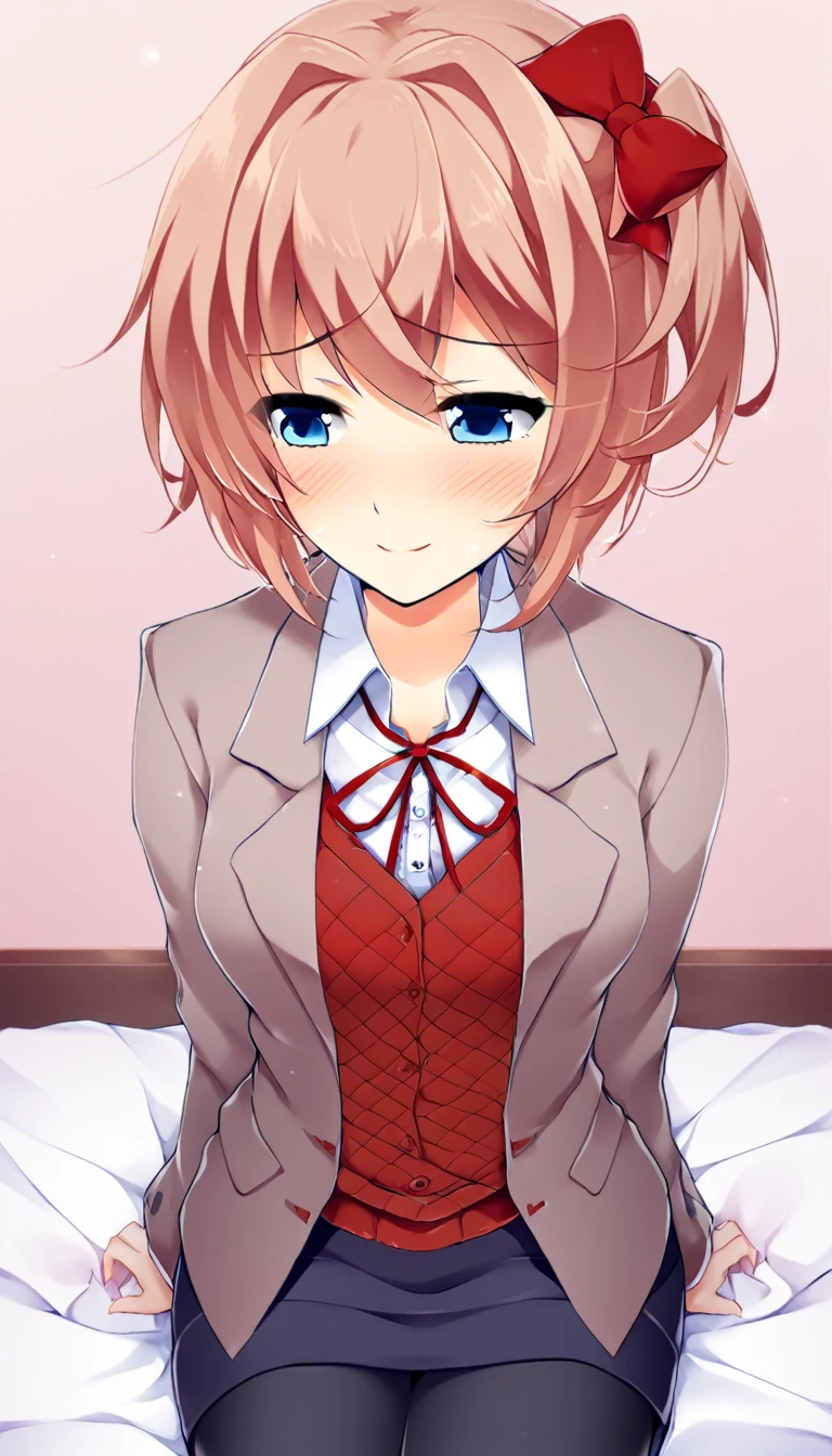 one girl, Sayori, DDLC, Doki Doki Literature Club , light blue eyes, my best friend, feel happy, (I stroke her head gently), I praise her, I cherish her, (my hand on her head), girl look at me, blush, lovely, from above, sitting on bed, my girlfriend