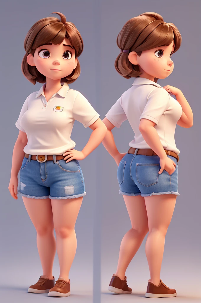 pixar style figure with white background of a girl with mullet haircut to the beginning of the back straight bangs, very short bangs and brown hair feminist woman plump body with fente whatever, straight straight bangs, and with the.shaved sides, That she is medium chubby in body but with a V jaw and that she is looking straight ahead., 30 year old feminist