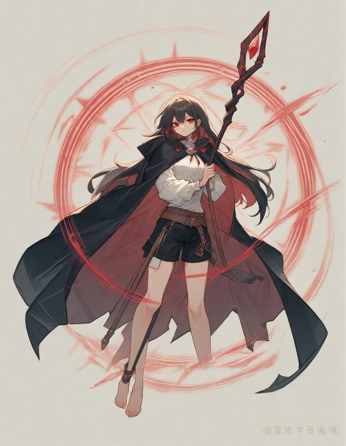Height 165cm,Red eyes,Long hair,Hair color gray。Wearing a black cape with red stripes,Under the cloak is a set of red and white uniforms.,Bust B+。The lower body is wearing a pair of black shorts with white edges,A brown belt around the waist,barefoot,Holding a staff,There is a magic circle behind,The cape is huge