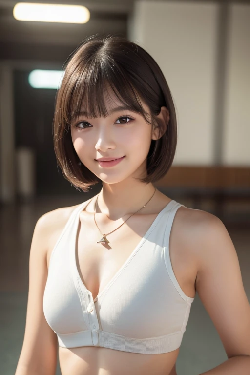 girl, White skin, Dark brown short tiered hair, V cut with layers and bangs, Brown eyes, Soft atmosphere characteristics (Highest quality, Ultra-high resolution, 8K, RAW Photos, Ultra-high resolution: 1.2, masterpiece: 1.3), (Realistic, Realistic: 1.37), Very detailed, Professional Lighting, Photon Mapping, Radio City, Physically Based Rendering, One Girl, high school girl, Sharp focus:1.2、Beautiful woman:1.4,cute, Nice, Adorable, smile, Normal chest, ((Sports Fashion)),indoor,necklace,Selfie