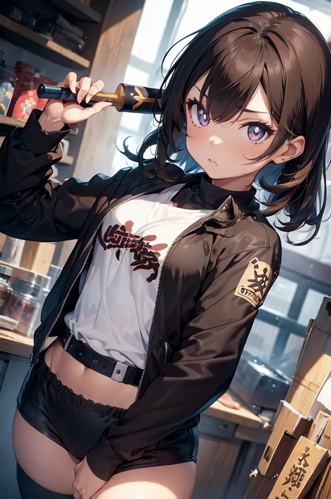 1 female, fierce, , asian, spiked baseball bat, cute, full sleeve geisha tattoo, biker gang, hourglass figure, on the dessert, light brown hair, blue pupils, pout, best quality