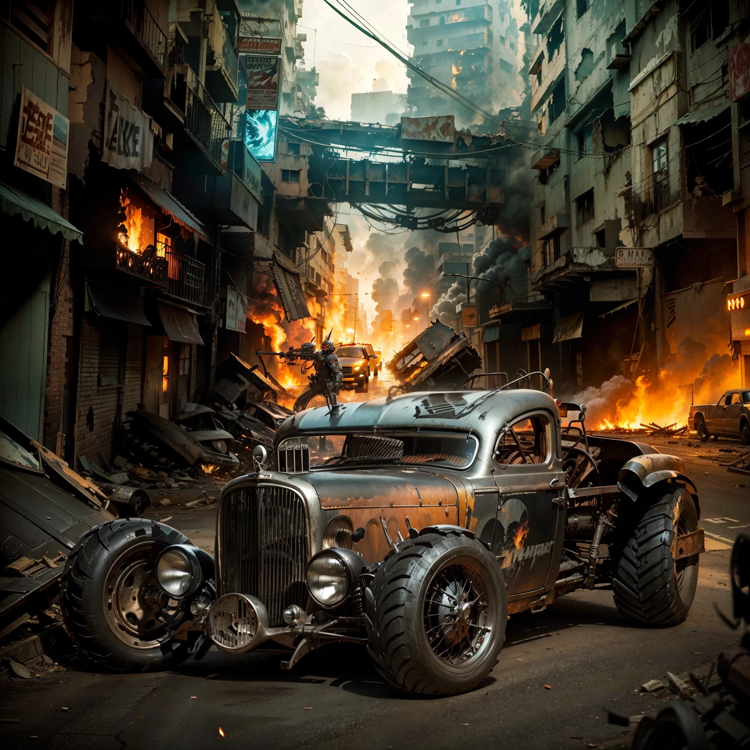 A brilliant Black warrior Hot Rod car in the streets in the background is a sci fi abandoned city with a lot of buildings fire burning lights in the pos apocalypitic street