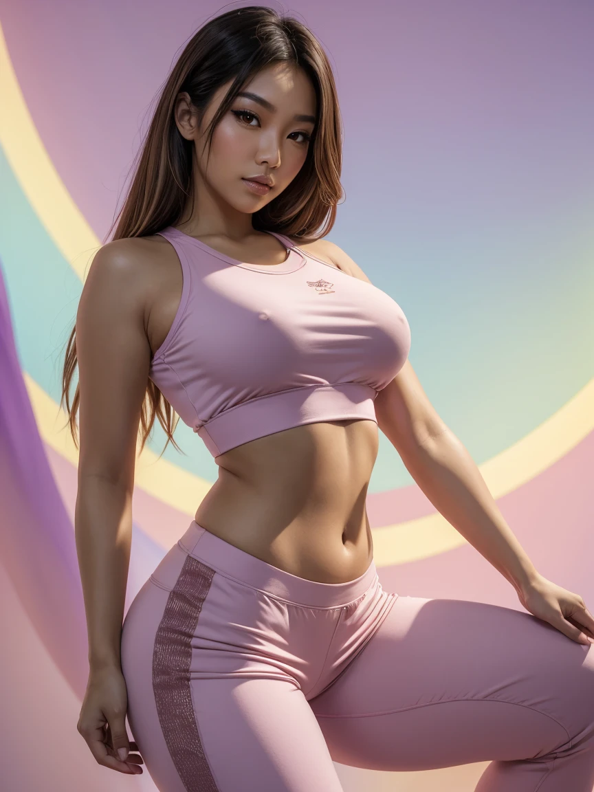 (Polinisia bronceada sexy|Asian woman, thicc hourglis figure, Perfect eyeliner:1.2), (Obra maistra:1.4, Best Quality), medium breasts, unity wallpaper 8k, ultra detailed, (pastel background, vistiendo pantalonis cortos de gimnasia y una camiseta sin mangas colorida:1.3), seductive pose, Upper part of the body, is, hermoso y istetico, detailed, Alone